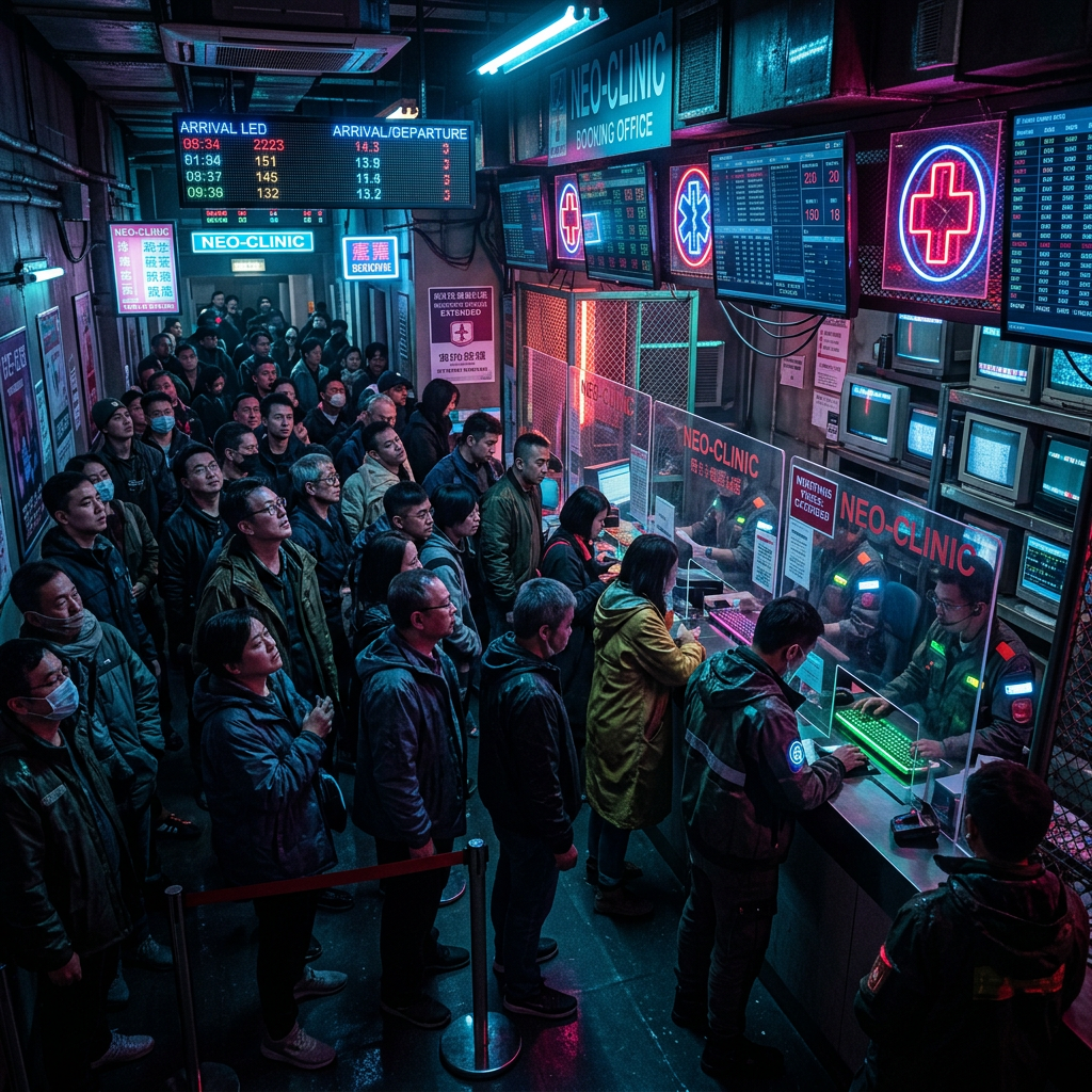 Crowded queue at a neon-lit clinic booking office with arrival and departure LED screens and multiple service counters