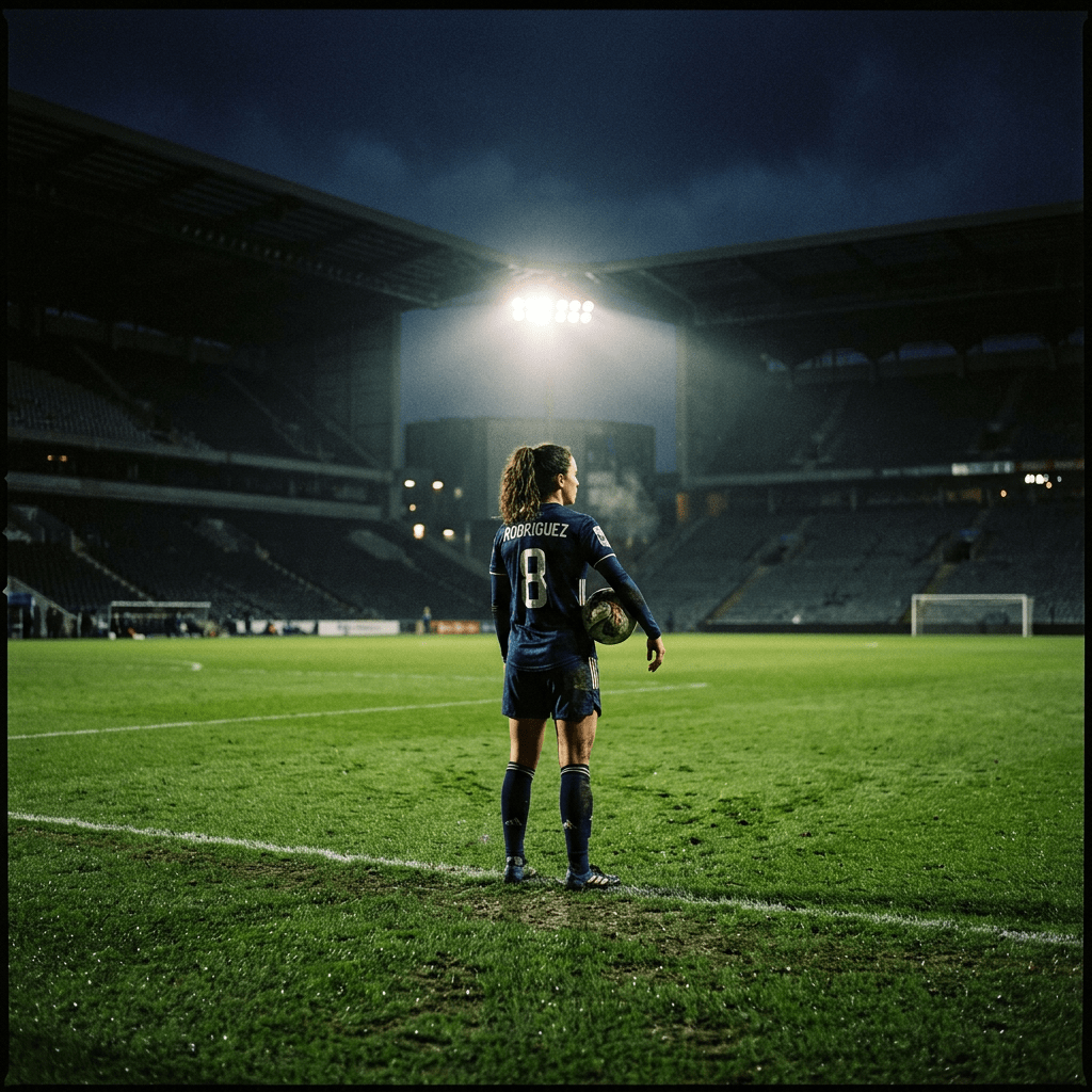 Soccer player Rodriguez holding ball near sideline in stadium at dusk