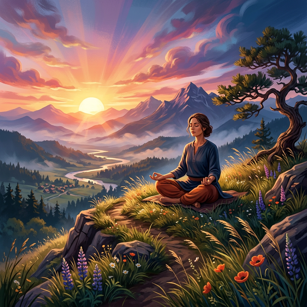 Woman sitting cross-legged meditating on a grassy hill with mountains and sunrise in background