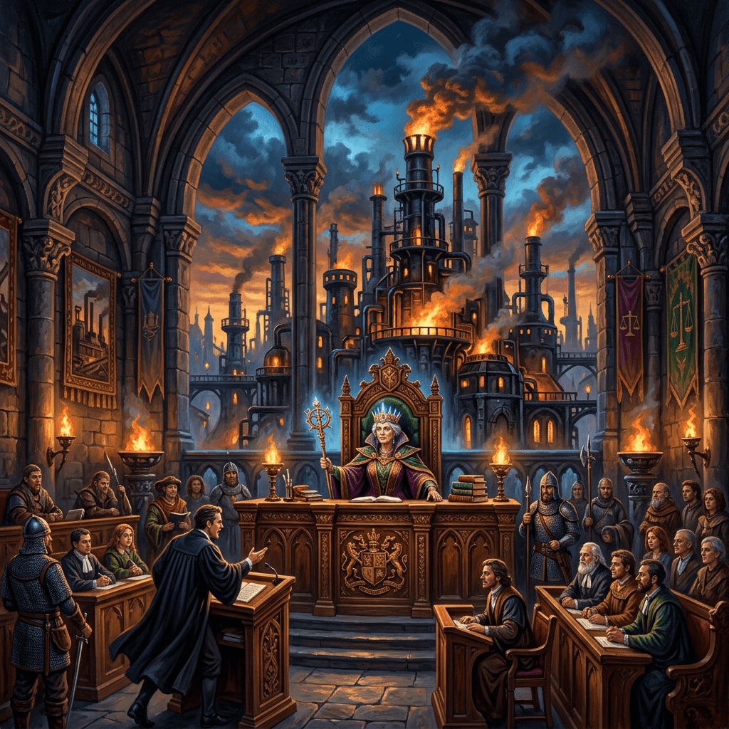 Medieval courtroom scene with judges, lawyers, and armored guards inside a stone hall with fiery industrial factories outside.